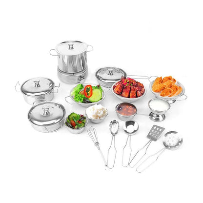 TekkPerry Kids Kitchen Pretend Play Toys, Cooking Toys Play Pots and Pans Set for Kids, 21pcs Small Stainless Steel Kitchen Cookware Kits Toys, Cookware Playset for Girls, Boys