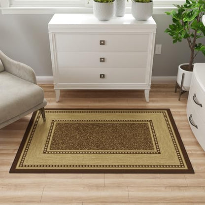 Ottomanson Area Rug 3'3" x 5' – Non Slip Rubber Backed Indoor Rug, Low Pile Accent Rug for Living Room, Bedroom, Entryway, Kitchen, Durable Floor Carpet, Border Dark Brown