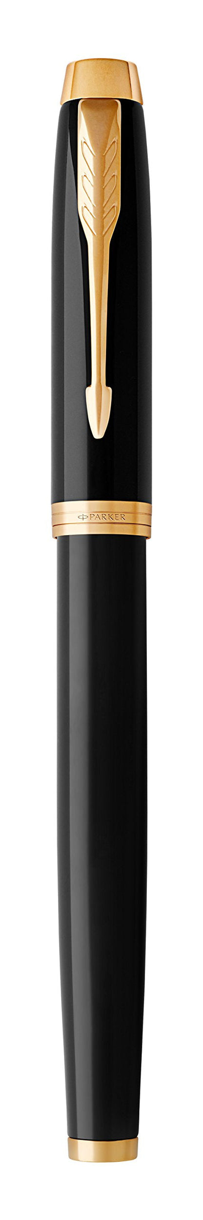 Parker IM Fountain Pen, Black Lacquer with Gold Trim, Fine Nib, Blue Ink Refill, Elegant Gift Box