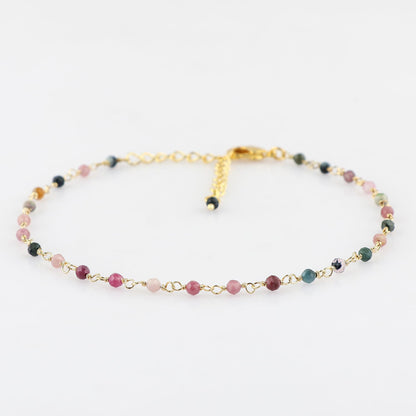 JOR Natural Multi Tourmaline Beaded Rosary Anklet, Handmade Craft, Anklet Beads Bracelet, Chakra Healing Anklet, Gemstone Women Jewelry, Dainty Gold Plated Anklet 9 inch + 1.5 inch (1pcs)