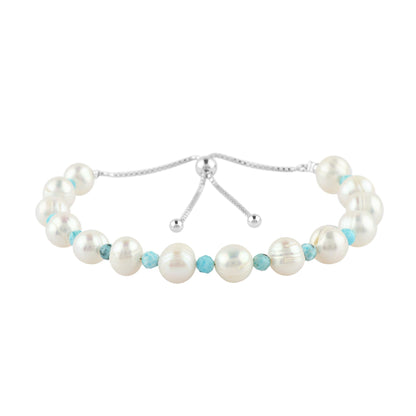 CRYSTALIS Natural Larimar And Freshwater Pearl Beaded Bracelet, Elegant Beads Crystal, Chakra Bracelet, Healing Bracelet, Gemstone Jewelry, 925 Sterling Silver Slider 10 inch