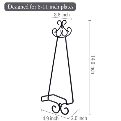 MyGift Set of 2 Vertical Hanging Collectible Plate Holders, Wall Mounted Matte Black Metal Wire Vintage Scrollwork Display Racks, Holds 8 to 11 Inch Plates