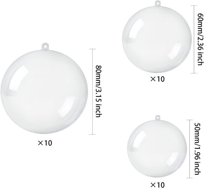 30 PCS Clear Christmas Ornaments Balls, 8cm, 6cm, 5cm Clear Fillable Plastic Ornaments Ball, DIY Christmas Decorations, Hanging Ornaments for Crafts