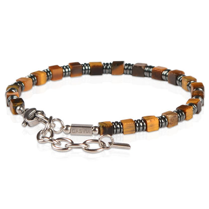Casvia Tiger's Eye Hematite Beaded Bracelet for Men, Square Stone Adjustable Stainless Steel Chain, Handmade Stylish Jewelry Gift for Dad, Husband, Son & Friend