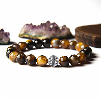 MetJakt Healing Crystals Beaded Bracelets for Womens Natural Gemstone 8mm Beads Stretch Bracelets with 925 Sterling Silver Double Happiness Pendant (Tiger Eye)