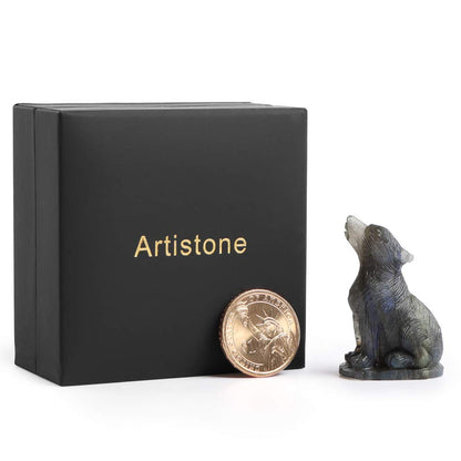 Artistone 2.0" Labradorite Crystal Wolf Statue Decor Hand Carved Gemstone Wolf Gifts Figurines Animal Carving Sculpture Crystal and Healing Stones Home Decoration (Gift Box)