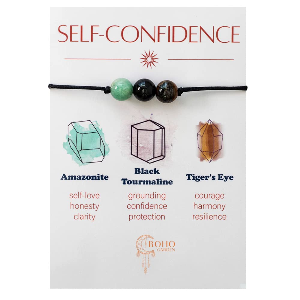 BOHO GARDEN Healing Crystal Bracelet for Self Confidence - Spiritual Beaded Bracelets - 3 Real Natural Gem Stones, Adjustable 3-9.7” Rope - Gemstone Jewelry for Men, Women, Teens (13+) - 8mm Bead