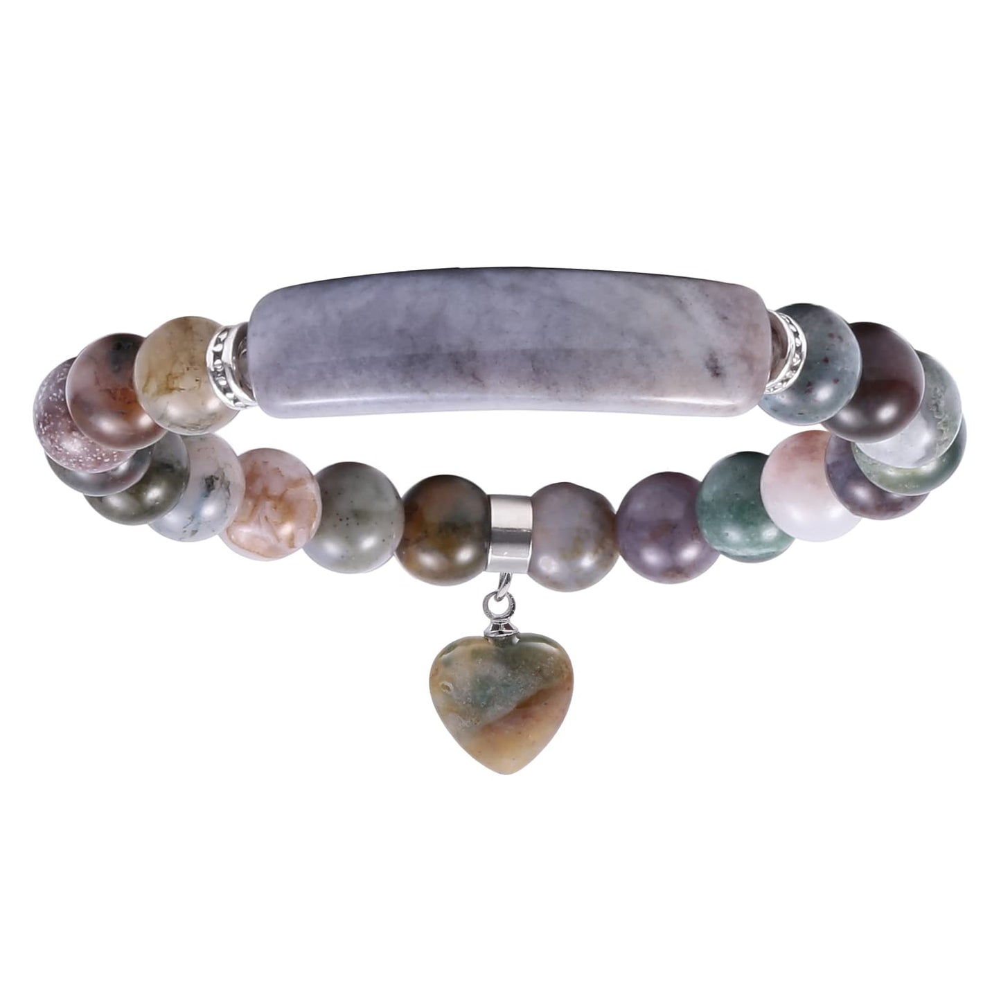 TUMBEELLUWA Healing Stone Bracelet 8mm Beads Chakra Crystal Energy Heart Charm Bracelet Handmade Jewelry for Women, Indian Agate
