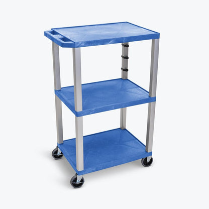 LUXOR UCPL1BU-N 42"H 3-Shelf Utility Cart - Blue Shelves, Nickel Legs