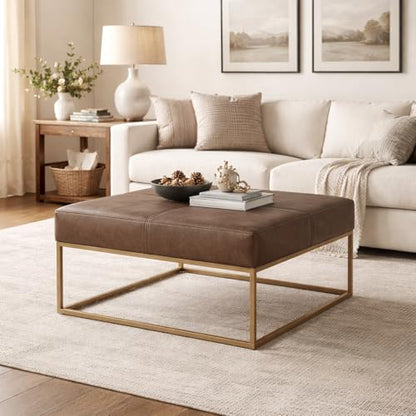 Homepop Decorative Large Square Gold Metal Ottoman | Ottoman Stool for Living Room & Bedroom | Decorative Home Furniture (Brown Faux Leather)