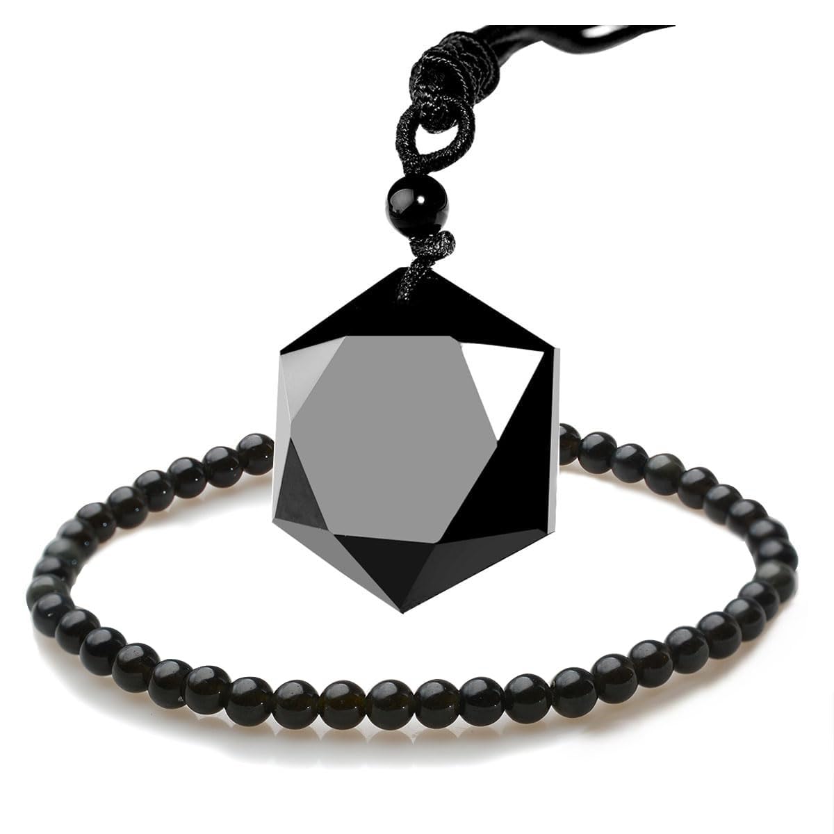 eMeition Black Obsidian Necklace Men Hexagram Natural Stone Crystal Pendant for Women Protection Premium Talisman Necklaces Couples Gift (Obsidian Necklace & Bracelet)