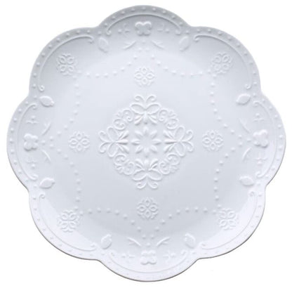YBK Tech Elegant Round Embossed Lace Plate, Ceramic Serving Plate for Breakfast Afternoon Tea (White, 6-inch)