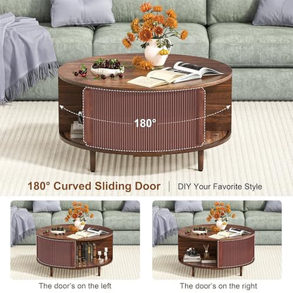 Round Coffee Table, 31.5" Fluted Center Table with Storage, Lift-Top Coffee Table with Adjustable Footpads, Sliding Door, Mid-Century Modern Center Table for Living Room, Small Space (Warm Walnut)