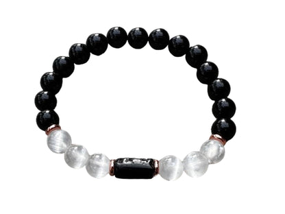 Black Tourmaline and Selenite Crystal Bead Bracelet 8mm, Genuine Black Tourmaline Cylinder with Copper Discs Stretch Gemstone Bracelet, Healing Crystal Bracelet, Gift for Men & Women (1)