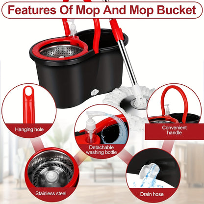 Heavy-Duty Spin Mop and Bucket with Wringer Set - Commercial/Residential Floor Cleaning System with 360° Spinning Bucket, 4 Microfiber Mop Heads & Adjustable Stainless Steel Handle, Space-Saving Mop System