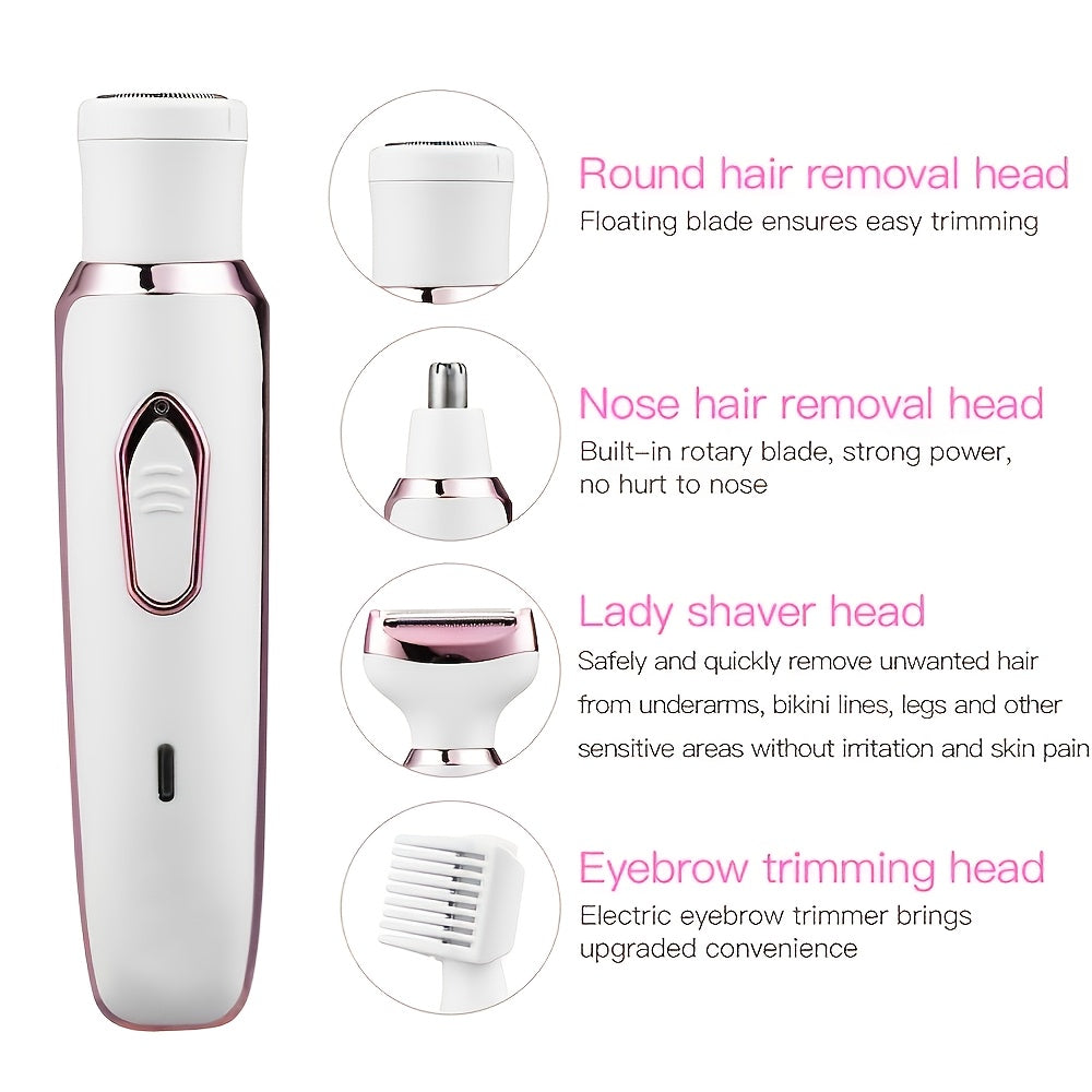 [4-in-1 Painless Razor for Women] 4-in-1 Rechargeable Electric Razor for Women - Face, Nose, Legs, Underarm, Bikini Trimmer - Wet & Dry, Painless Grooming Kit - Portable & Rechargeable
