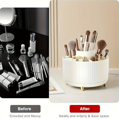 360° Rotating Makeup Organizer - 1pc Plastic Cosmetic Storage with 5 Compartments - Multi-Functional Holder for Brushes, Lipsticks, Light Beige Care Products, and Stationery - Durable Unscented Desk Caddy with Luxury Stripe Design, Perfume Organizer