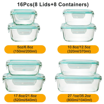 16pcs Sealed Glass Food Storage Containers, Lunch Boxes, Microwave Ovens, Ovens - Perfect For Salads, Fruits, Vegetables, And Sandwiches, Lunch Boxes | Sealed Storage | Durable Glass, Food Storage Containers (8 Lids+8 Containers)