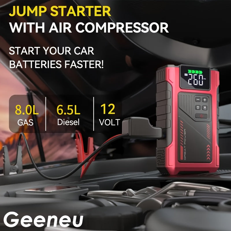 4000A Portable Wireless Car Air Compressor Jump Starter with Air Compressor, Battery Jump Starter Portable Peak, Car Battery Charger Portable For12V(8.0LGas/6.5L Diesel) Start The Car Quickly, USB Input/output, LED Emergency, Car Accessories Tools