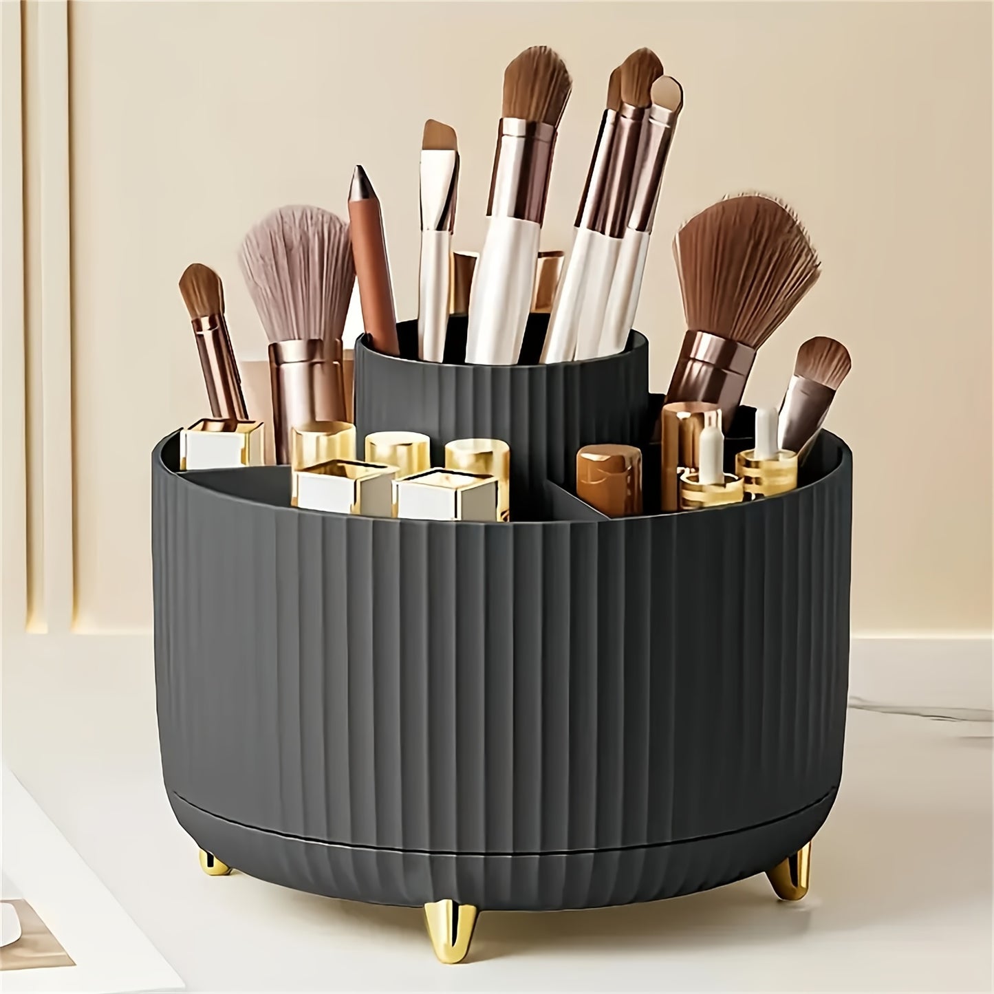 360° Rotating Makeup Organizer - 1pc Plastic Cosmetic Storage with 5 Compartments - Multi-Functional Holder for Brushes, Lipsticks, Light Beige Care Products, and Stationery - Durable Unscented Desk Caddy with Luxury Stripe Design, Perfume Organizer