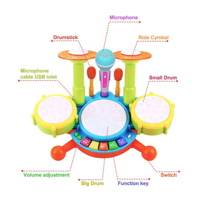 POKONBOY Kids Drum Set for Toddler 1-3, Musical Instruments Learning Toys with 2 Drum Sticks Adjustable Microphone Birthday Gifts for Boys Girls 6 12 18 Month