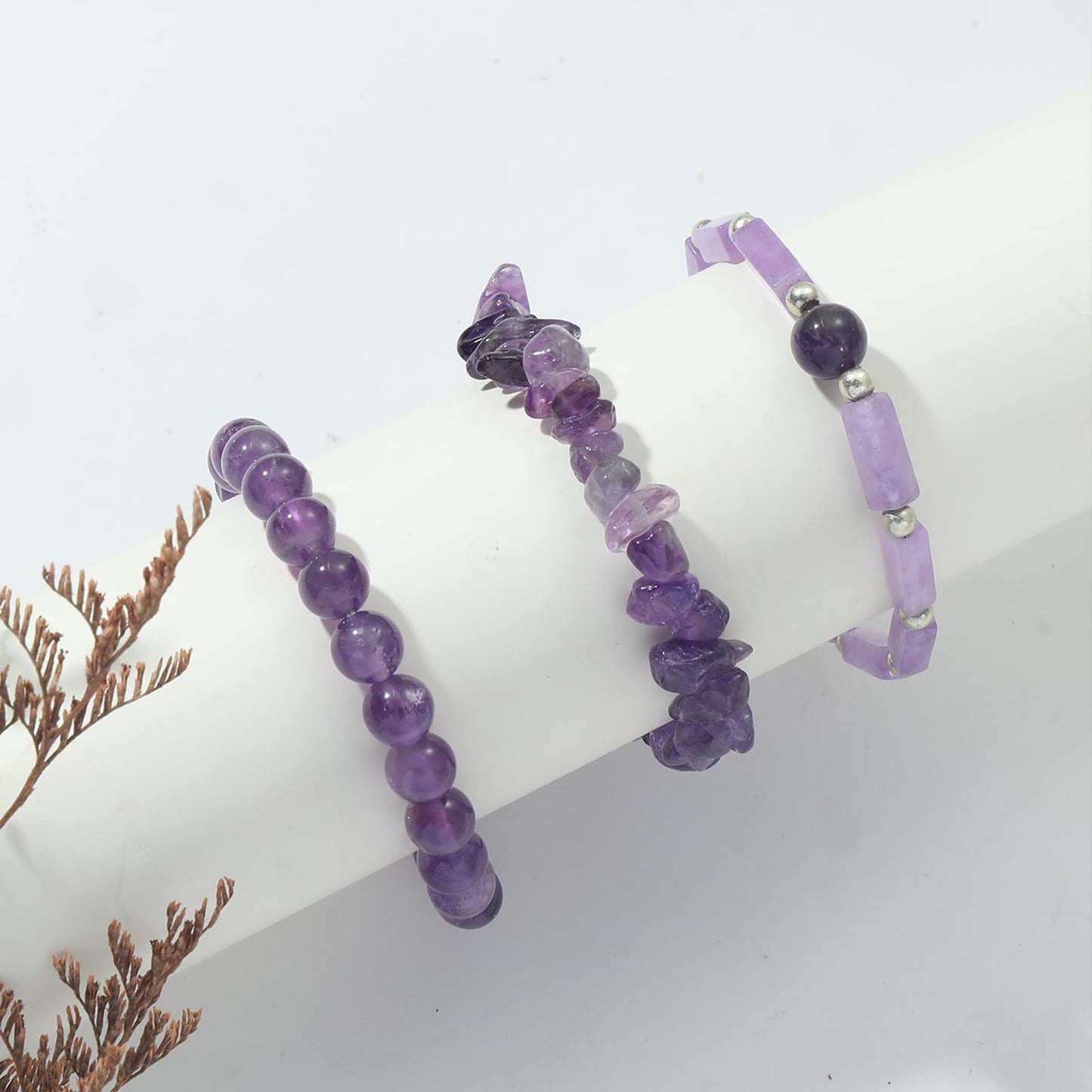 3PCs Amethyst Bracelet for Women 8mm Crystal Beaded Bracelet Purple Bead Bracelet Stretch Bracelet Amethyst Jewelry Gifts for Women