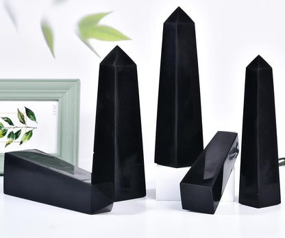 JIC Gem Large Black Obsidian Healing Crystals Wand 4 Faceted Crystal Point Obelisk Gemstone Natural Reiki Energy Stone for Meditation Crystal Grid Decoration 1.7-2.2 Lbs