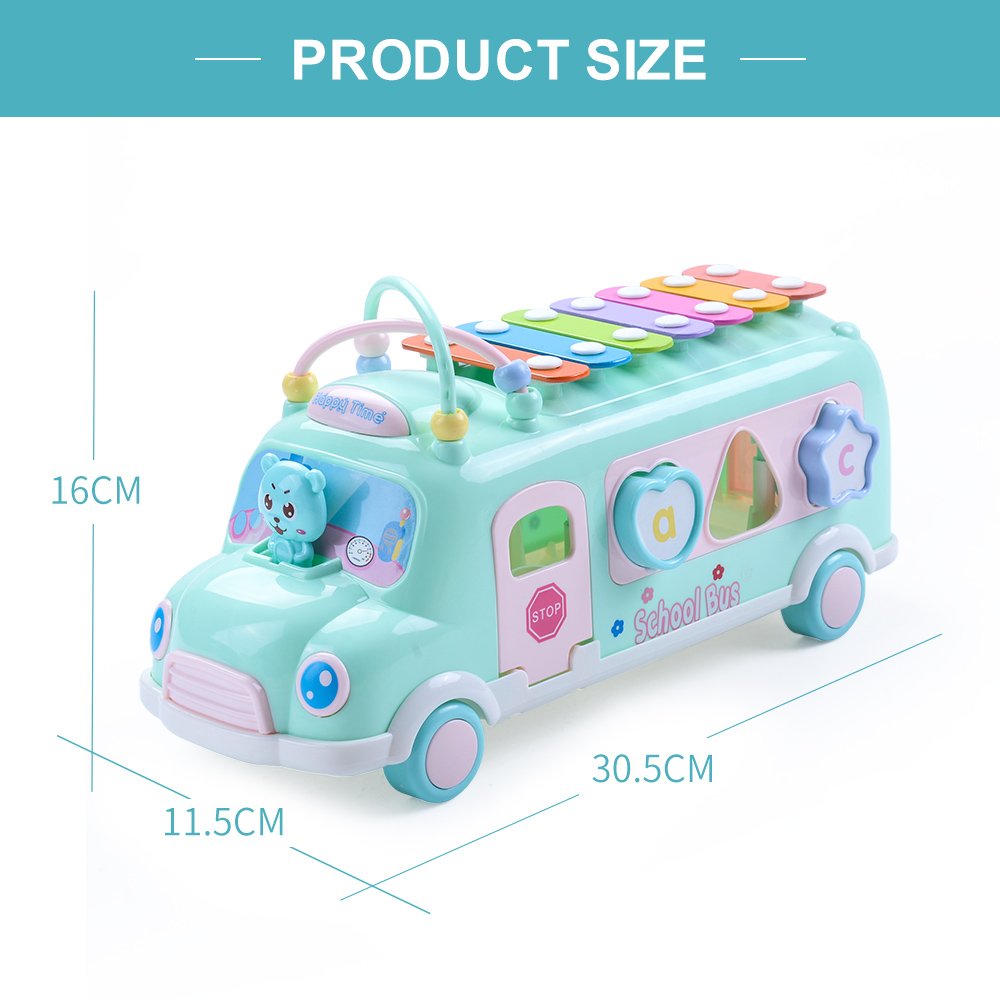 5-in-1 Baby School Bus Xylophone Toys for 1 Year Old Girl Gifts, Educational Baby Toy 6-12-18 Month, 1st Birthday Gril Gift, Toddlers Montessori Musical Baby Bus with Shape Sorter & Knock Hammer