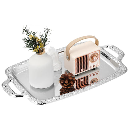 Housoutil Metal Serving Tray, Silver Large Rectangular Antique Serving Platter, European Retro Style Tray for Cookies, Charcuterie, Snacks, Desserts, Fruit, Party Food (39. 00x23. 00x1. 70cm)