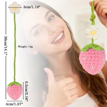 Ytanhr Crochet Strawberry and Flower Car Hanging Ornaments, Aesthetic Rearview Mirror Hanging Accessories, Handmade Car Decor 2-Pack, Pink