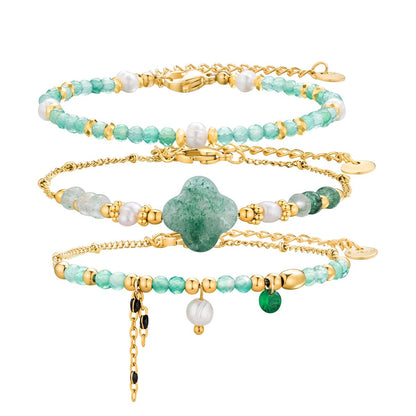 POMODA Beaded Bracelets Set for Women Stackable Healing Layered Bracelets Stack 3PCS Aquamarine Gemstone Crystal Dainty Boho Summer Jewelry for Women Natural Stone 14k Gold Plated
