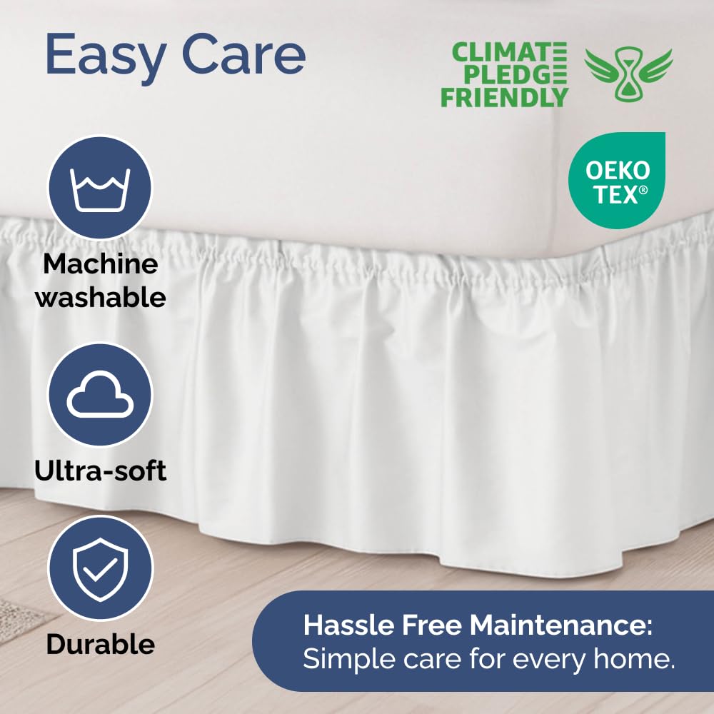 Wrap Around Dust Ruffle Bed Skirt - White - for Queen Size Beds with 15 Inch Drop - Easy Fit Elastic Strap - Adjustable Pleated Bedskirt w/Brushed Fabric - Wrinkle Free - for Women, Men, Kids & Teens