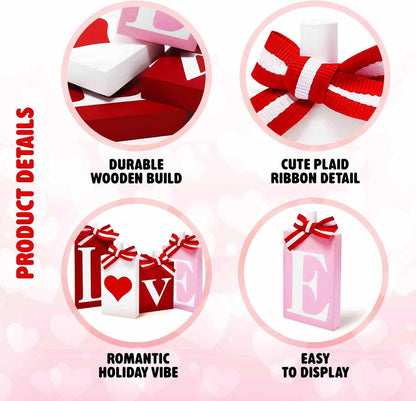 Gift Boutique Valentine's Day Love Heart Block Signs Set of 4 Red Pink White Rustic Wooden Table Tiered Tray Decor Home Wedding Party Decoration Gifts