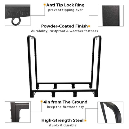 Artibear 4ft Outdoor Firewood Rack, Upgraded Adjustable Heavy Duty Logs Stand Stacker Holder for Fireplace - Metal Lumber Storage Carrier Organizer, Bright Black