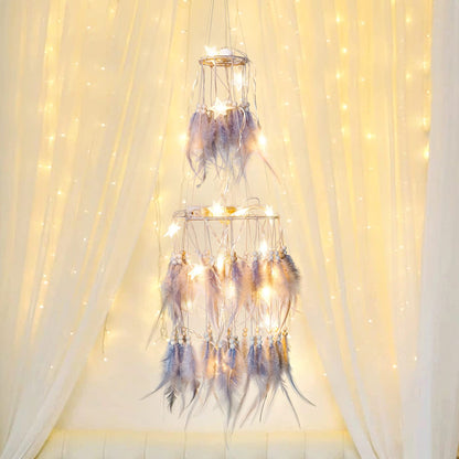 Dremisland Double Circle White Feather Dream Catcher with Mobile LED Fairy Lights Wall Hanging Ornaments Ceiling Decor for Bedroom Decor Wedding Decorations Boho Chic Party Nursery Decor (Grey)