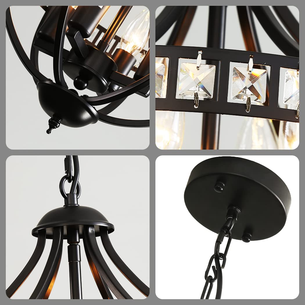 Lanpesting Crystal Chandelier Light Fixtures, 4-Lights Farmhouse Rustic Vintage Black Pendant Hanging Lighting Ceiling Chandeliers for Kitchen Island Dining Room Living Room Bedroom Foyer Hallway