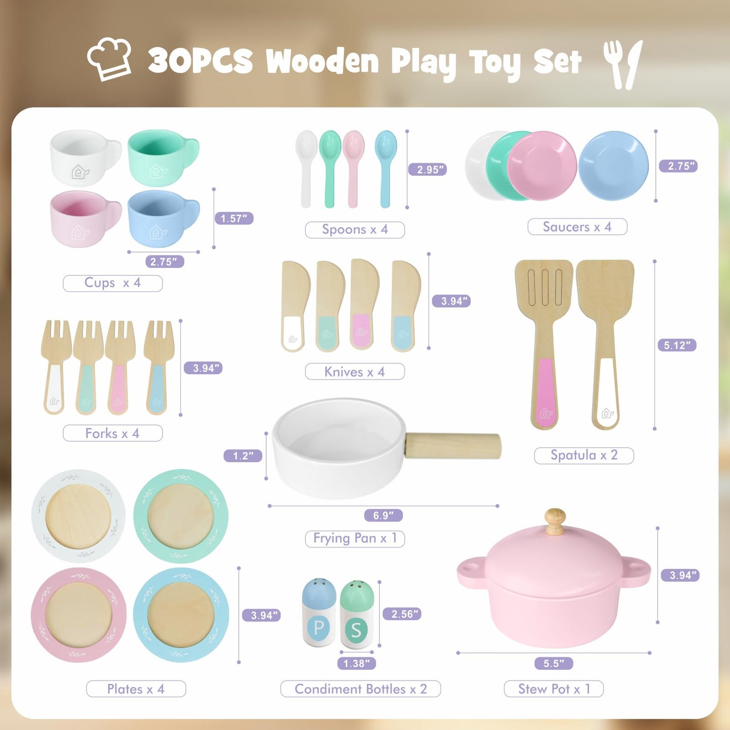 SimpliPlay Wooden Toy Plates and Dishes for Kitchen Set, 30PCS Montessori Play Kitchen Accessories for Toddlers with Toy Pots and Pans, Wooden Play Cooking Set for 3-8 Years Girls & Boys