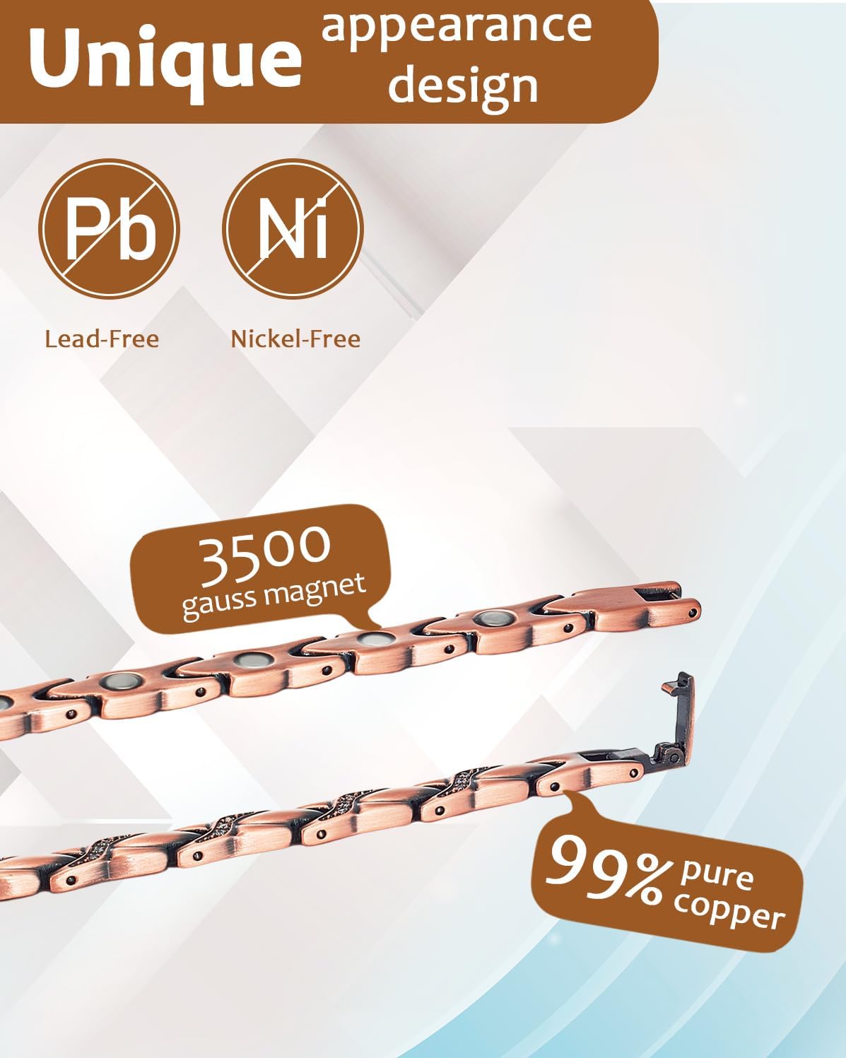 MagVIVACE Pure Copper Bracelets for Women, with 2 Extra Link(Copper&Silver)