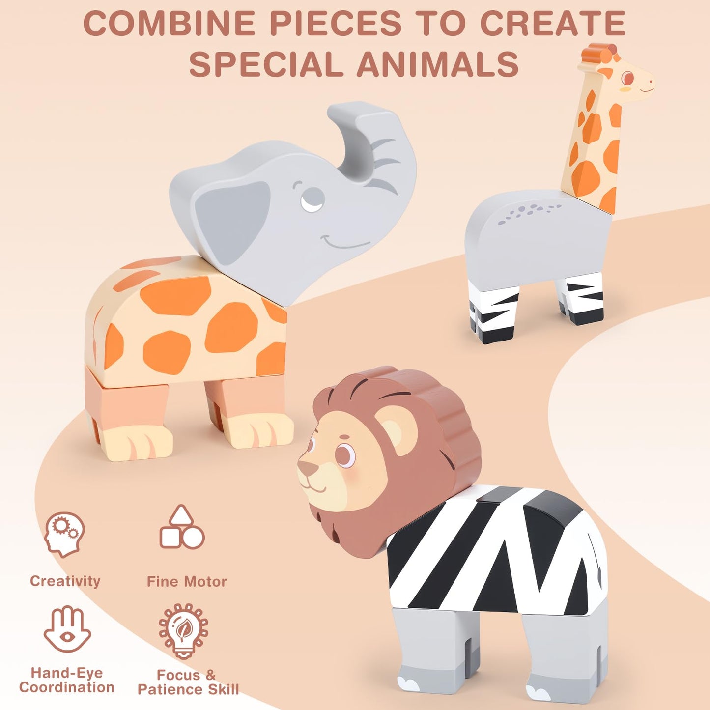 Joyreal Magnetic Jungle Animals Toy Play Set, 16 Pcs Wooden Building Blocks Play Set Toy for 1 Year Old, Fine Motor Montessori Game Preschool Educational Gift for Ages 1-5