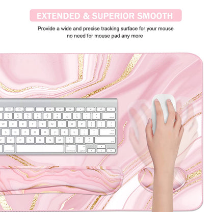 Keyboard Mouse Pad Set, Extended Mouse Pad+Keyboard Wrist Rest Support, Memory Foam Ergonomic Easy Typing, 3Pcs (35.4×15.7 in) Desk Pad Set for Home Office Study Game- Pink Gold