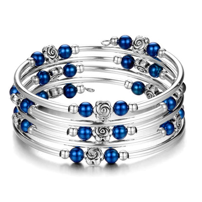 BULINLIN Wrap Bangle Rose Bead Bracelet - Beaded Bracelet with Natural Agate Stone Gifts For Women(01-Sapphire pearl)