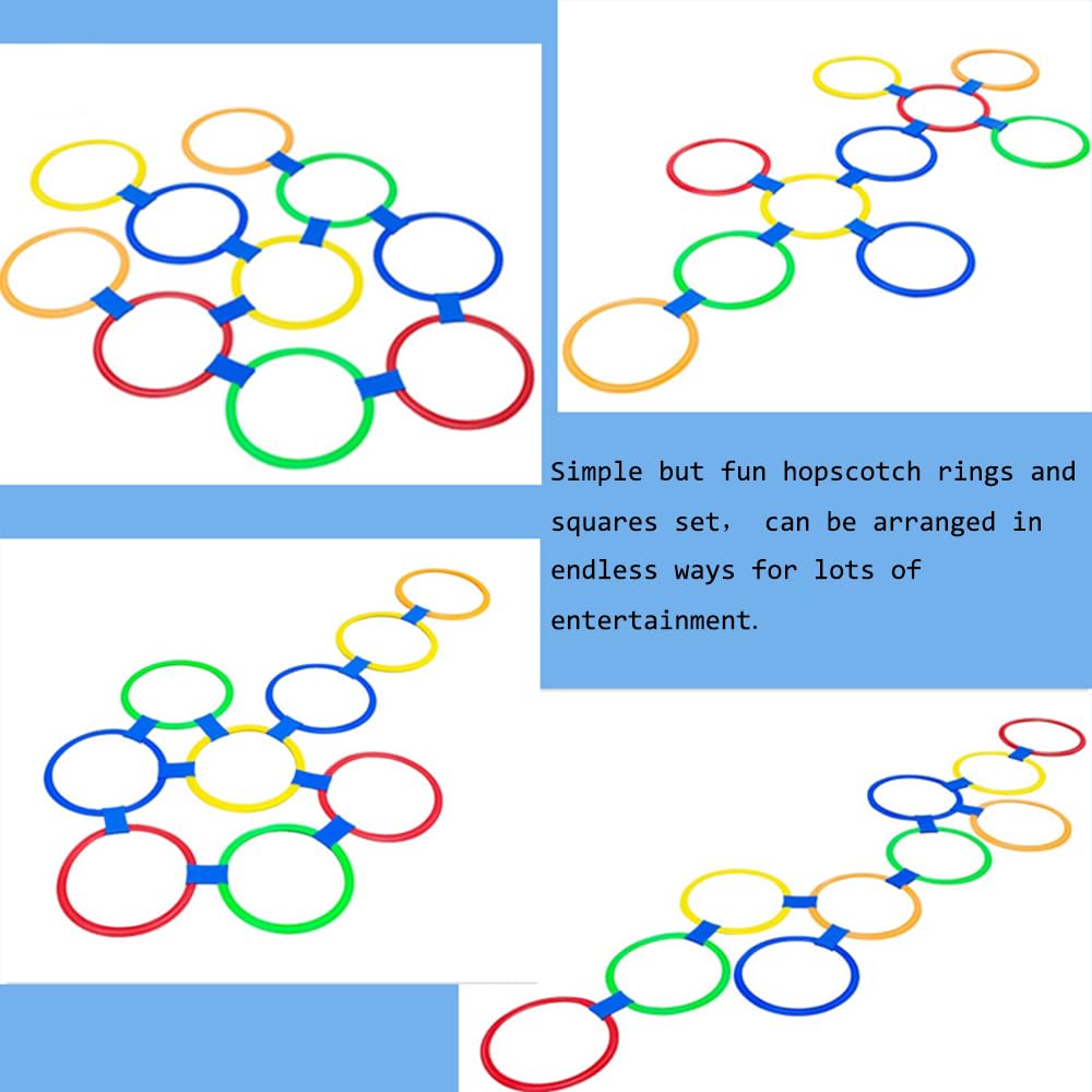 AMYESE Hopscotch Rings- 11in Hopscotch Game Hoops Circles with 15 Connectors for Kids Balance Agility Training Obstacle Course, Children Birthday Fun Play Indoor Outdoor Backyard Playground Activity