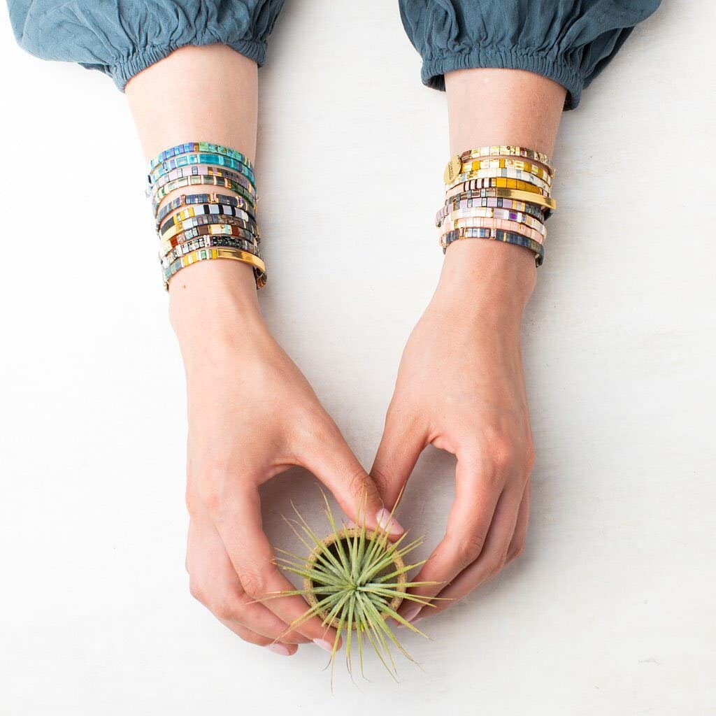 Sonateomber Tila Flat Beaded Stretch Strand Bracelets for Women - Trendy Unique Friendship Handmade Colorful Square Seed Beads Beach Link Bracelet Stackable Jewelry Friend Gifts