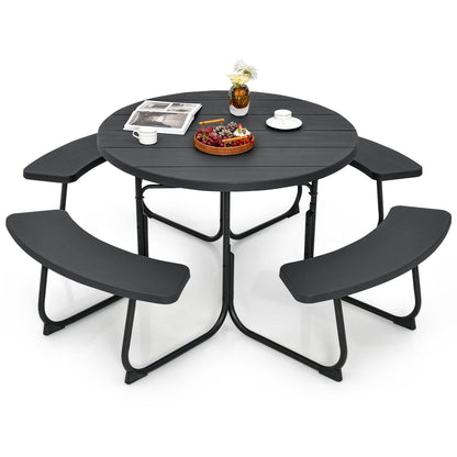 Tangkula 8 Person Picnic Table, Outdoor Round Picnic Table with 4 Built-in Benches, Umbrella Hole, Metal Frame & HDPE Tabletop, Outside Table and Bench Set for Backyard, 2300lbs Weight Capacity