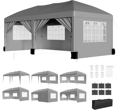10x20FT Pop Up Wedding Party Tent with 6 Sidewalls, Heavy Duty Commercial Outdoor Canopy Gazebo, All Season Wind & Waterproof with Storage Bag, Gray
