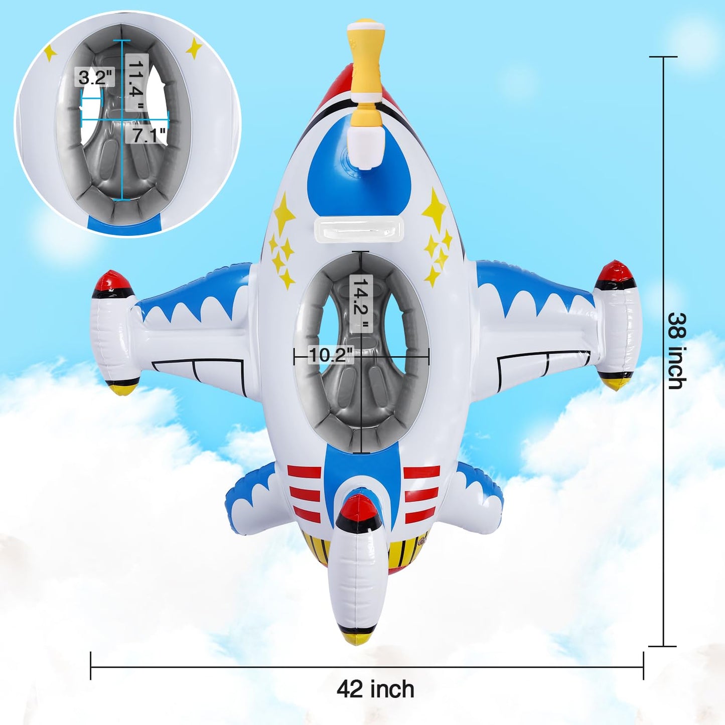 Baby Airplane Pool Float with Squirt Gun & Handle, Inflatable Toddler Swimming Boat for Kids Age 1-4, Summer Water Toy for Boys & Girls, Portable Swim Ring Ride-ons for Beach & Pool