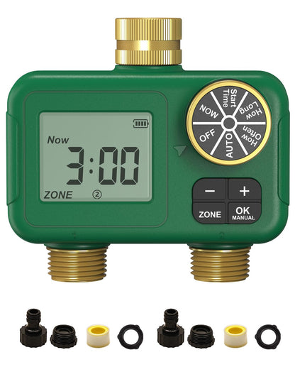 MOES 2 Zone Water Timer for Garden Hose, Heavy Duty Solid Brass Inlet & Outlets, Programmable Sprinkler Timer Battery Operated, Automatic Dual Faucet Valve with Sequential Watering (Non-WiFi)