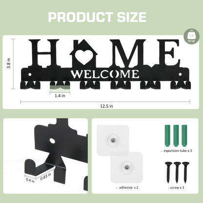 HOMEBROS Key Holder Wall Mount, Adhesive Metal Key Hanger with 6 Double Hooks, 2 Installation Methods, Black