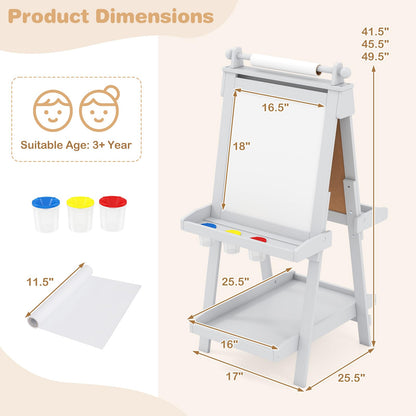 OLAKIDS Easel for Kids, 3 in 1 Adjustable Painting Art Board, Foldable Double-Sided Wooden Drawing Chalkboard Magnetic Whiteboard with Paper Roll, Storage Rack, Cups for Boy Girls (Gray)