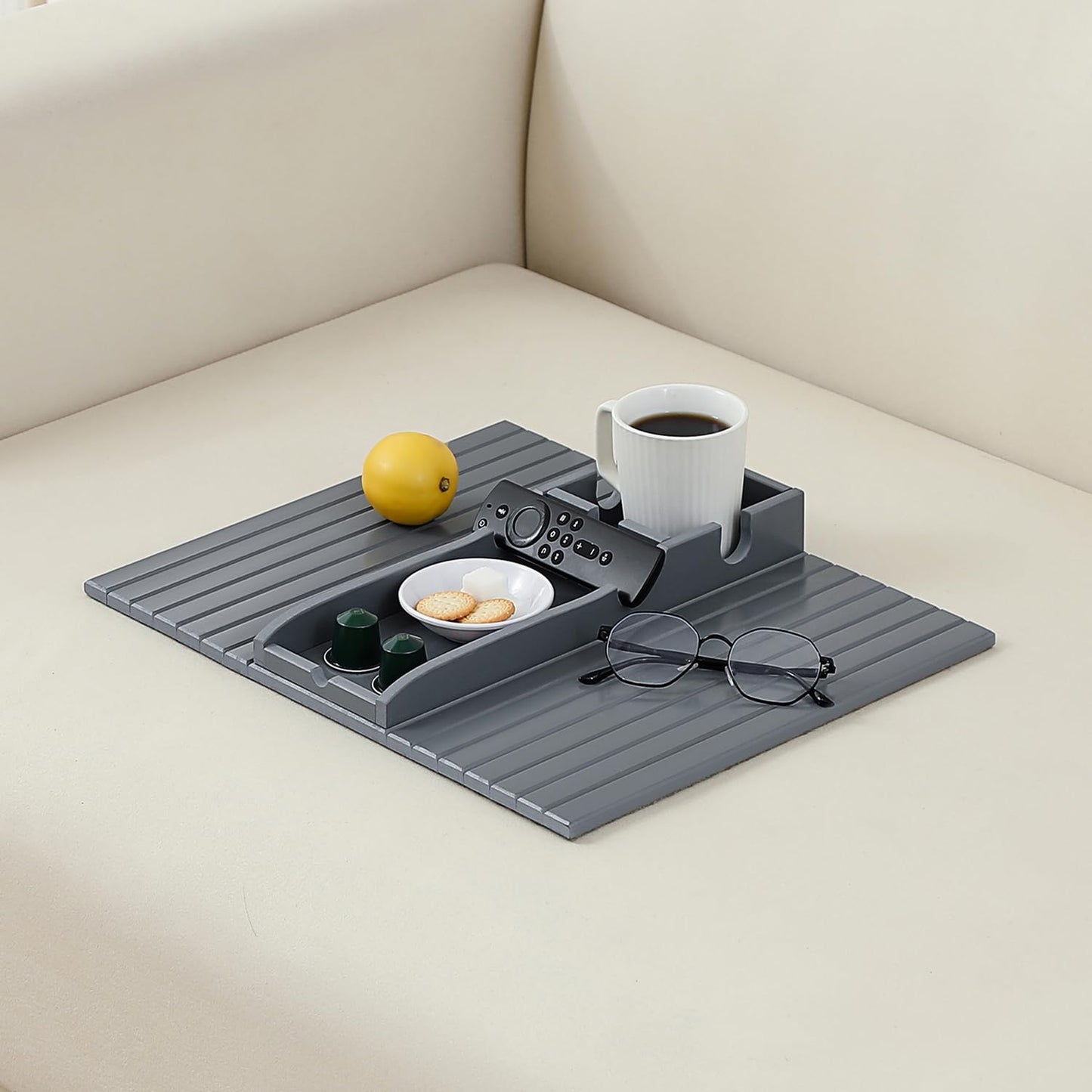 HNLISA Bamboo Couch Cup Holder Arm Tray，Foldable Couch Drink Holder Armrest Table，Sofa Arm Rest Tray，Flexible Arm Chair Table Recliners for Drink,Cups, Snacks, Phone, Remote (Grey)